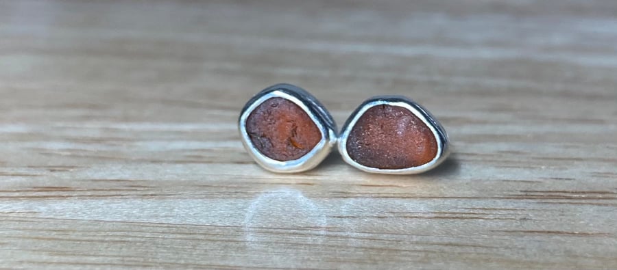 Handmade Deep Amber Welsh Sea Glass & Silver Stud Earrings