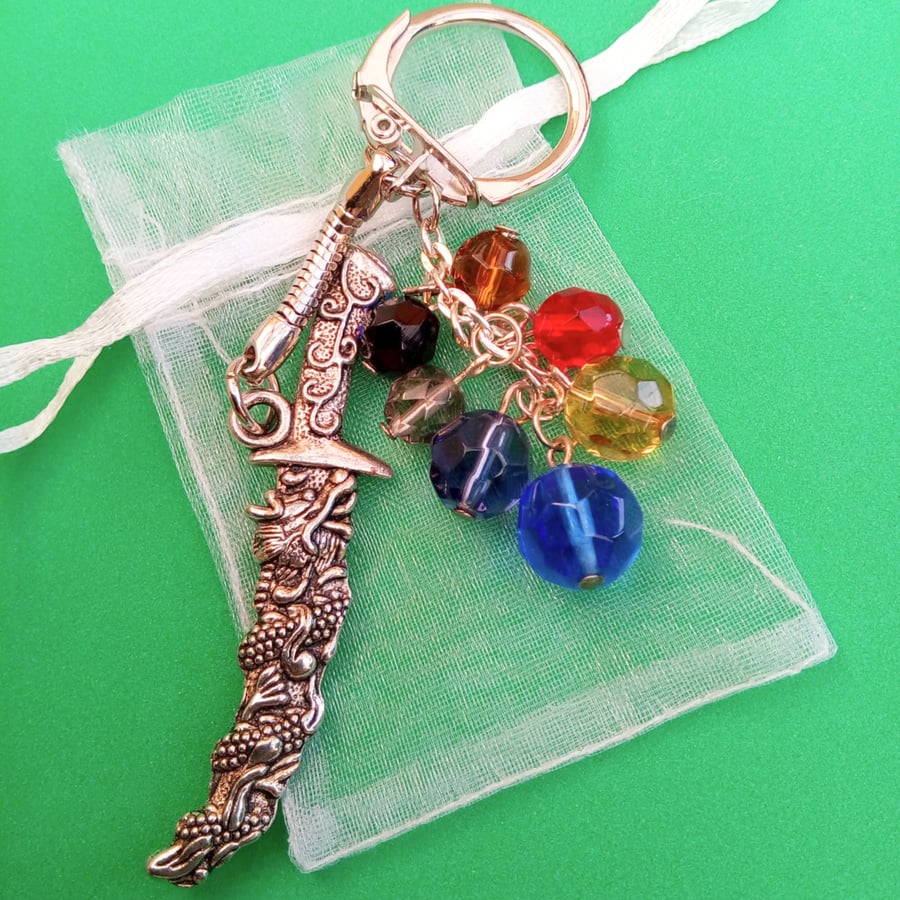 Silver Dagger Charm and Multi Coloured Crystal Bead Key Ring, End of Term Gift