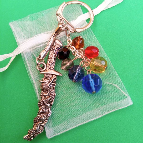Silver Dagger Charm and Multi Coloured Crystal Bead Key Ring