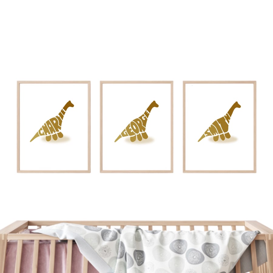 Personalised Boys Dinosaur Art Set of 3 Prints First Middle and Surname A4 A3