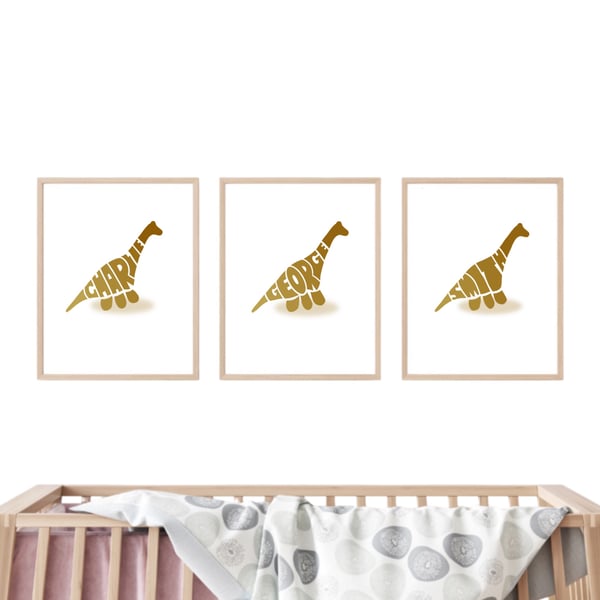 Personalised Boys Dinosaur Art Set of 3 Prints First Middle and Surname A4 A3