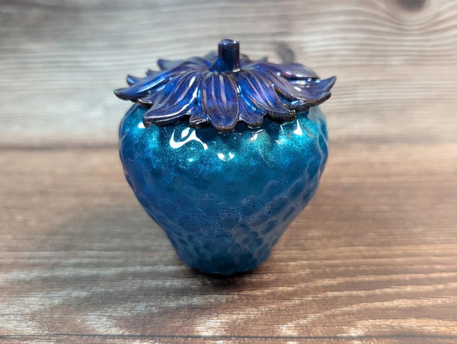 Blue Strawberry Trinket Jar – Handmade Resin Keepsake Storage Pot