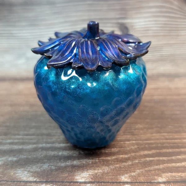 Blue Strawberry Trinket Jar – Handmade Resin Keepsake Storage Pot