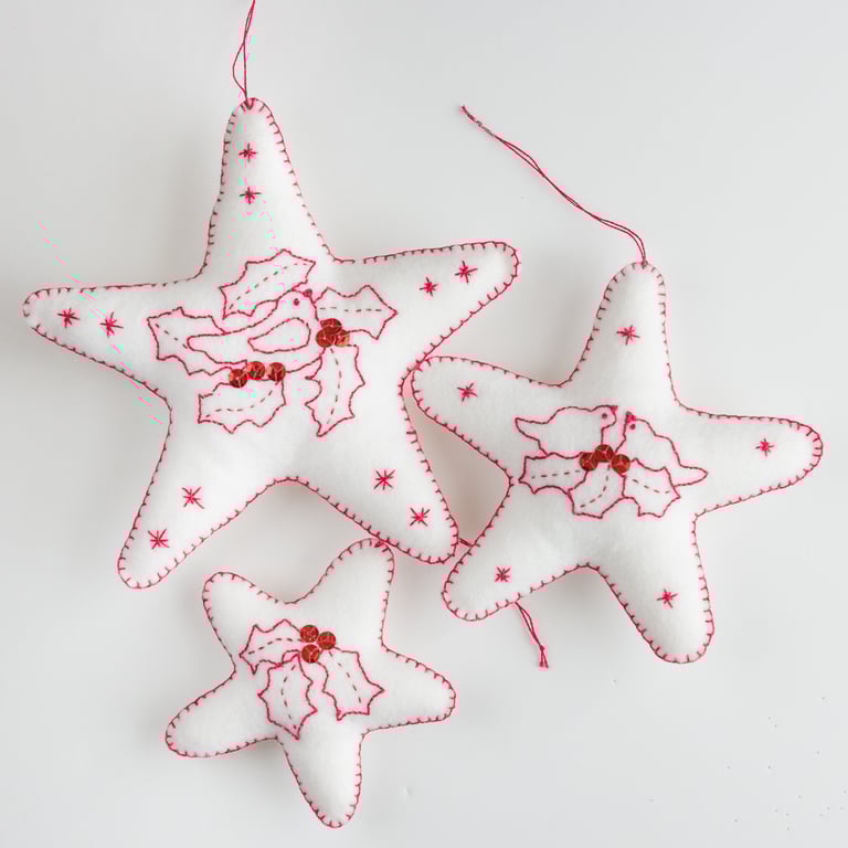 Wool Felt hand embroidered star shaped Christmas decorations