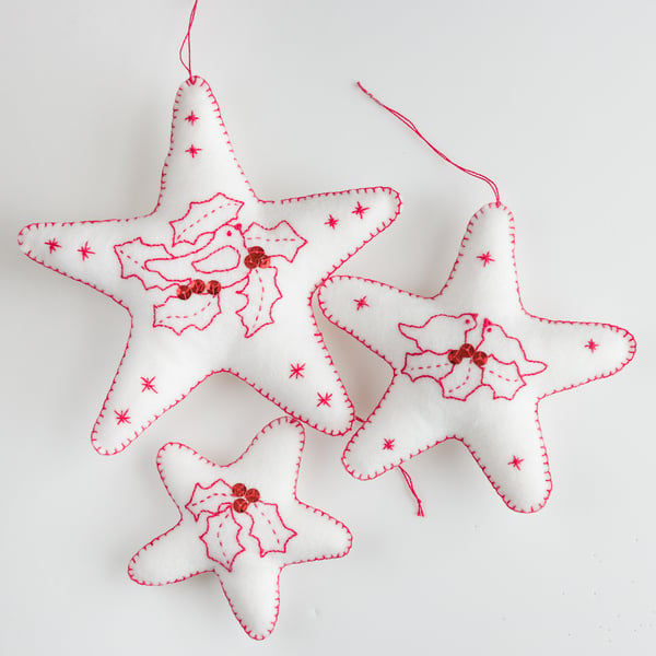 Wool Felt hand embroidered start shaped Christmas decorations