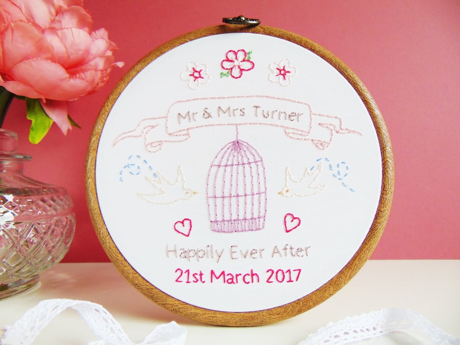 Vintage Theme Wedding Gift, Hand Embroidered Wedding Anniversary Gift