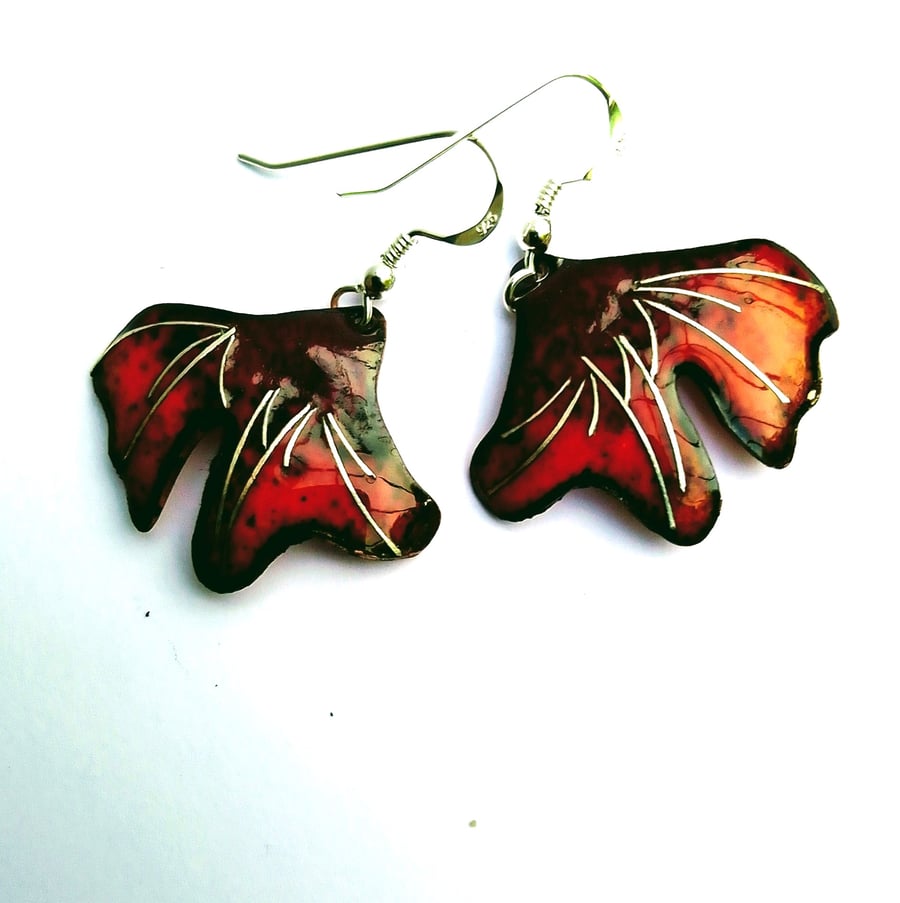 GINKGO EARRINGS IN KILN-FIRED ENAMELLED COPPER & STERLING SILVER