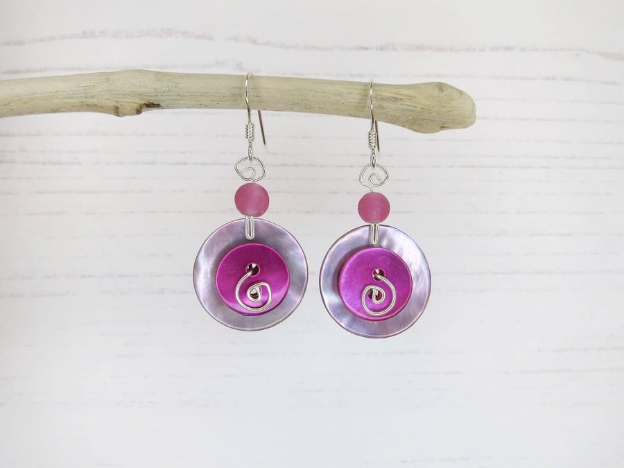 Shell Button Drop Earrings with Single Glass Bead - Lilac with Hot Pink