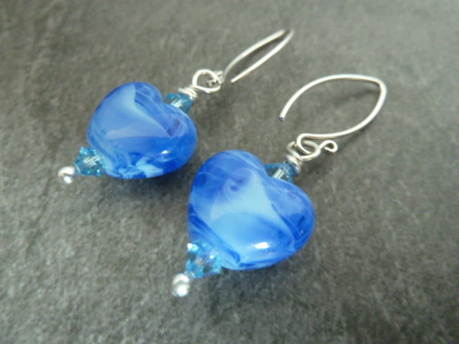 sterling silver, blue glass heart earrings