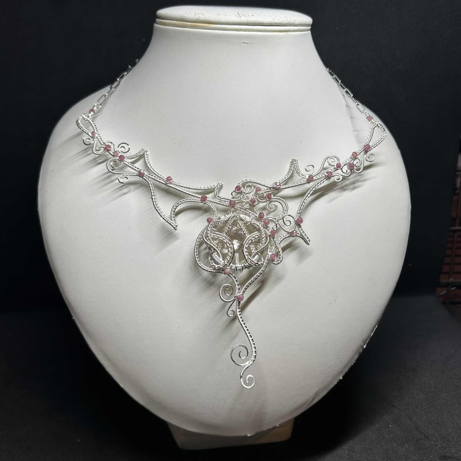 Xena Wire Wrapped Necklace with Trilliant Quartz and Pink Tourmaline gemstones