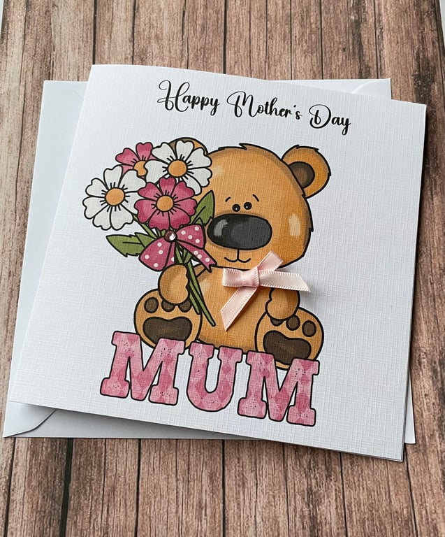 Mothers Day Handmade Card for Mum Cute Teddy Mothers Day Gift
