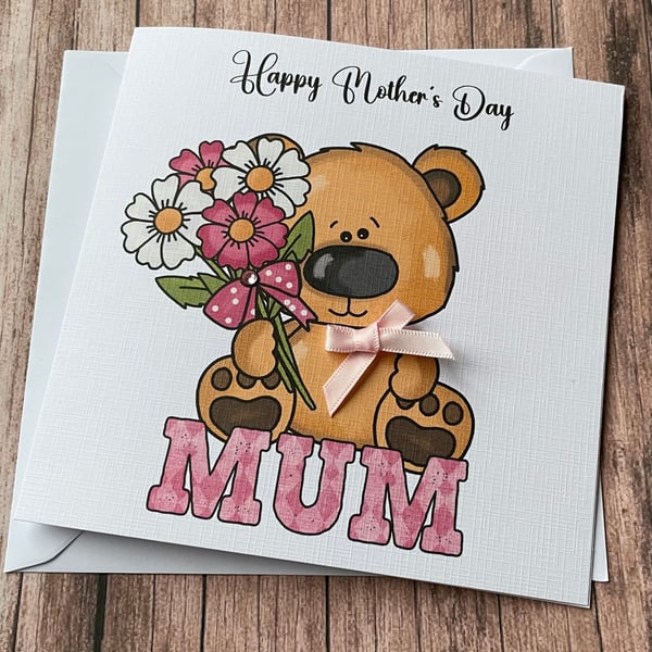 Mothers Day Handmade Card for Mum Cute Teddy Mothers Day Gift