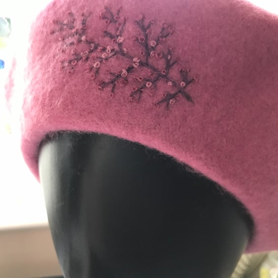 Dusky Pink Pure New Wool, Woolmark, Embroidered Beret.