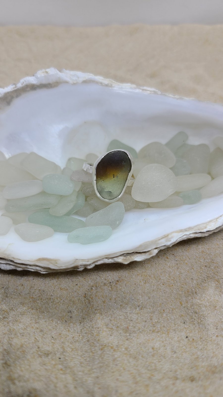 Amber and clear multi sea glass and silver ring SG9