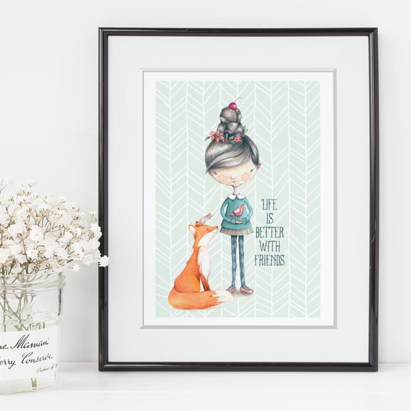 Better with Friends art print, friendship gift, girl's bedroom print