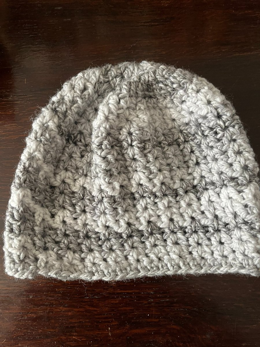 Grey and White Chunky Hand-Crocheted Beanie Hat