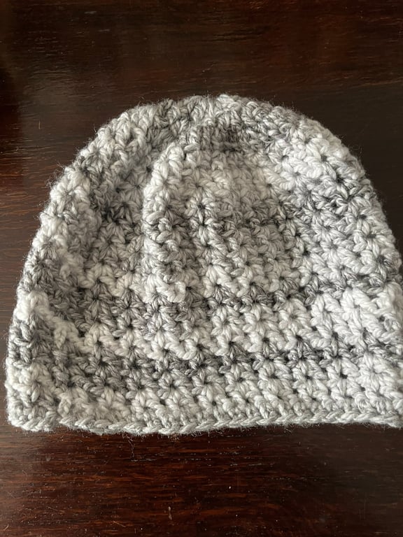 Grey and White Chunky Hand-Crocheted Beanie Hat