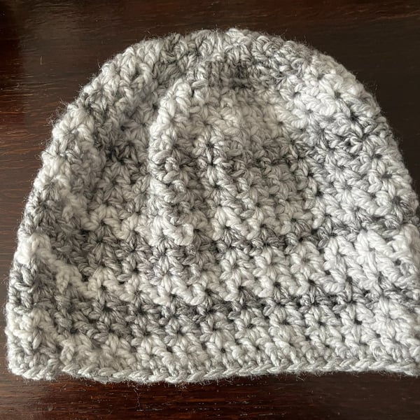 Grey and White Chunky Hand-Crocheted Beanie Hat