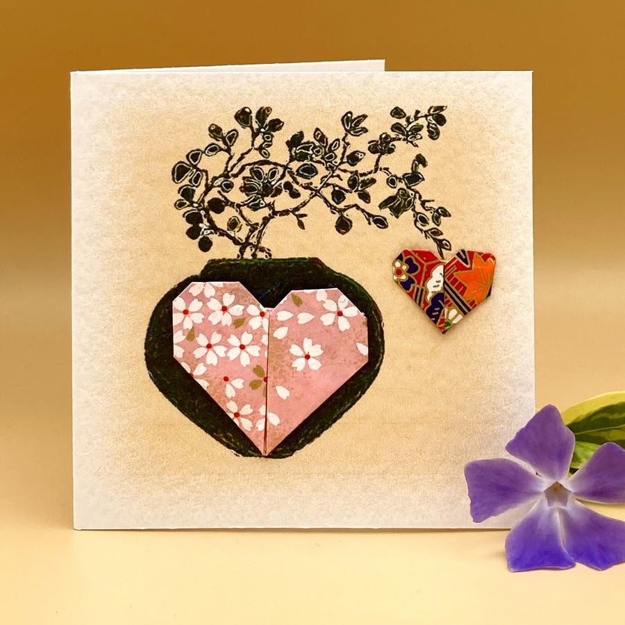 Special occasion card, handmade Origami hearts on original print, OOAK, UK made