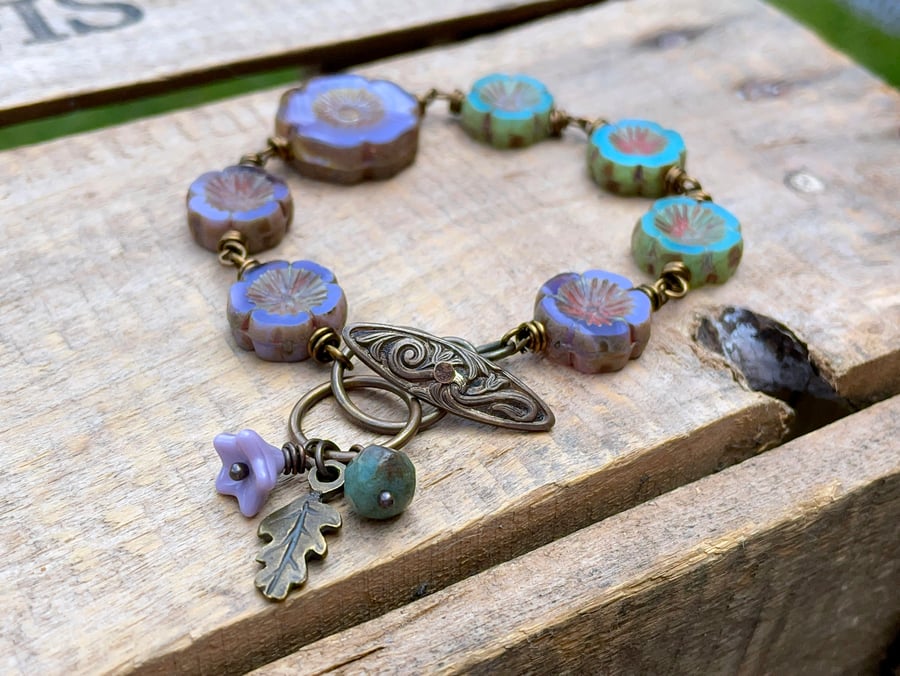 Czech Glass Flower Bracelet. Bohemian Style Lavender & Green Floral Bracelet. 