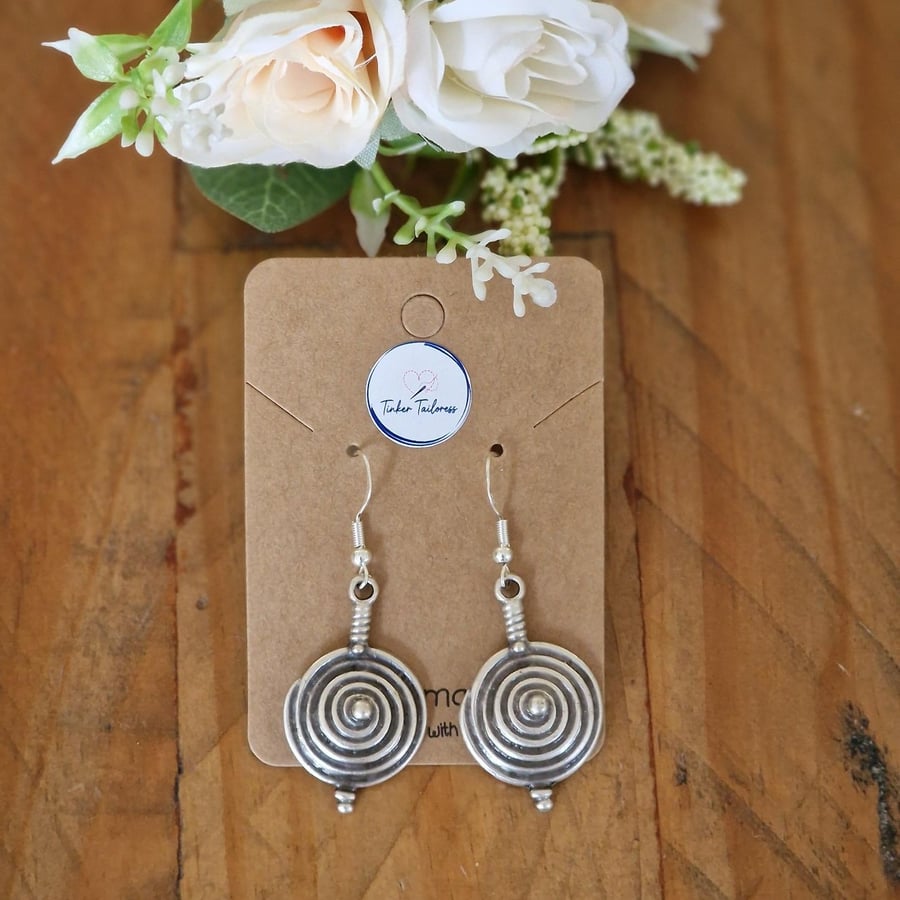 Antique Finish Silver Toned Circular Swirl Drop Earrings - 925 Silver Ear Wires