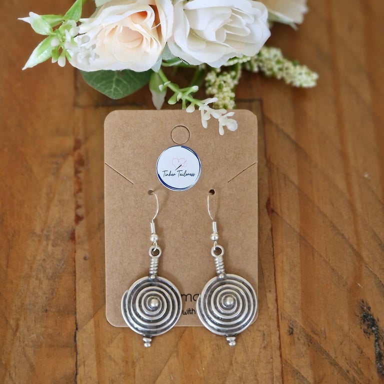 Antique Finish Silver Toned Circular Swirl Drop Earrings - 925 Silver Ear Wires