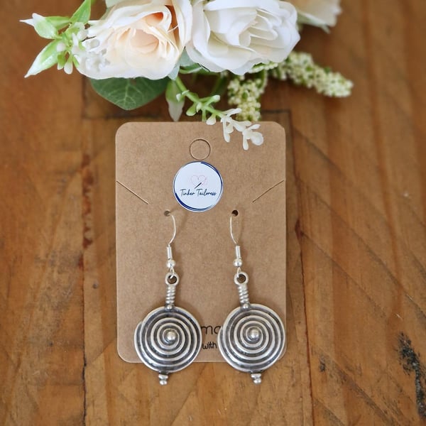 Antique Finish Silver Toned Circular Swirl Drop Earrings - 925 Silver Ear Wires