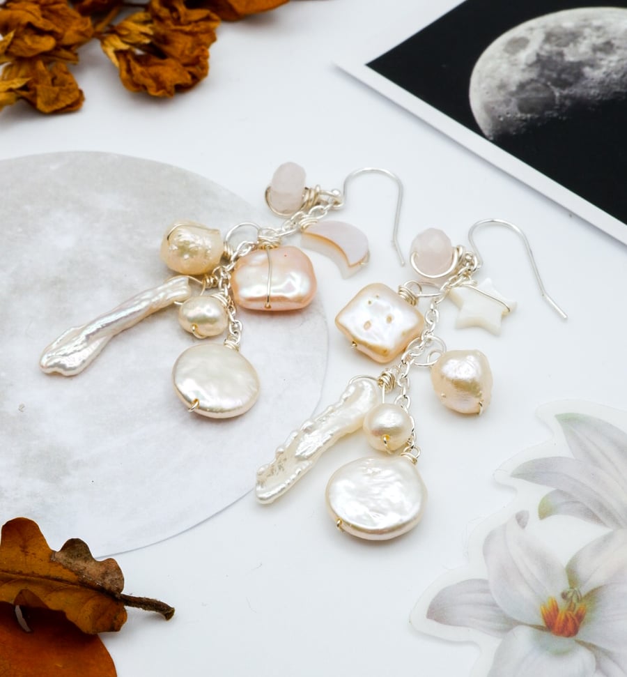 Sterling Silver Freshwater Baroque Ivory & Peach Pearl Charm Confetti Earrings 