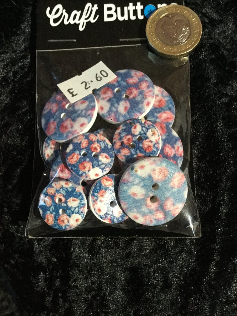 Craft Buttons Red Roses on Blue  (N.32)