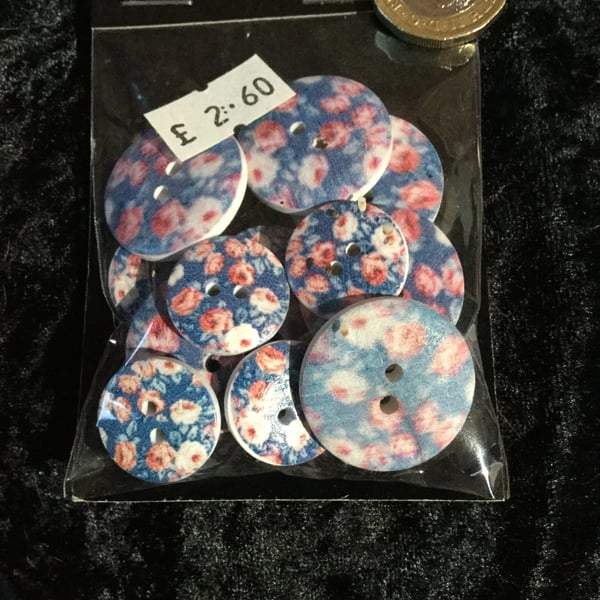 Craft Buttons Red Roses on Blue  (N.32)