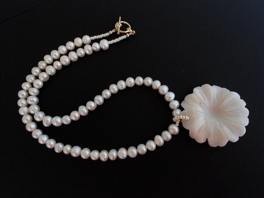 Freshwater Pearls and Opal flower necklace