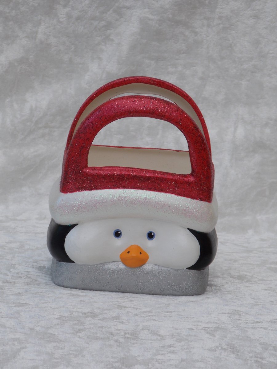 Ceramic Hand Painted Christmas Xmas Penguin Gift Bag Box Basket Table Decoration