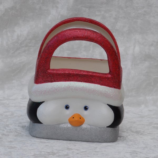 Ceramic Hand Painted Christmas Xmas Penguin Gift Bag Box Basket Table Decoration