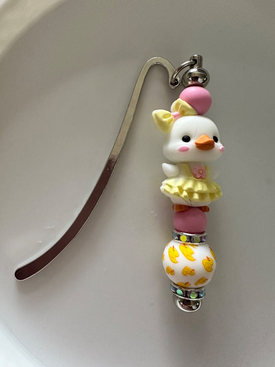 Cute Duckling Beaded Metal Hook Bookmark, Yellow Rubber Duck Pattern Bead, Gift