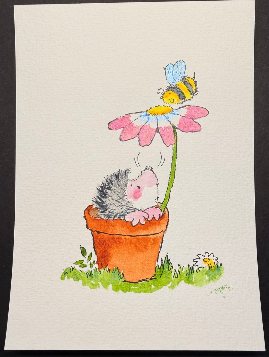 Hand watercoloured card topper from Penny Black stamp - Hedgehog flower