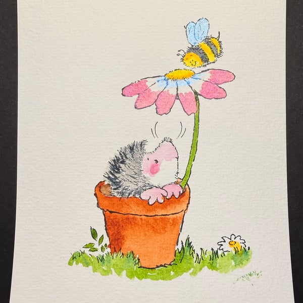 Hand watercoloured card topper from Penny Black stamp - Hedgehog flower
