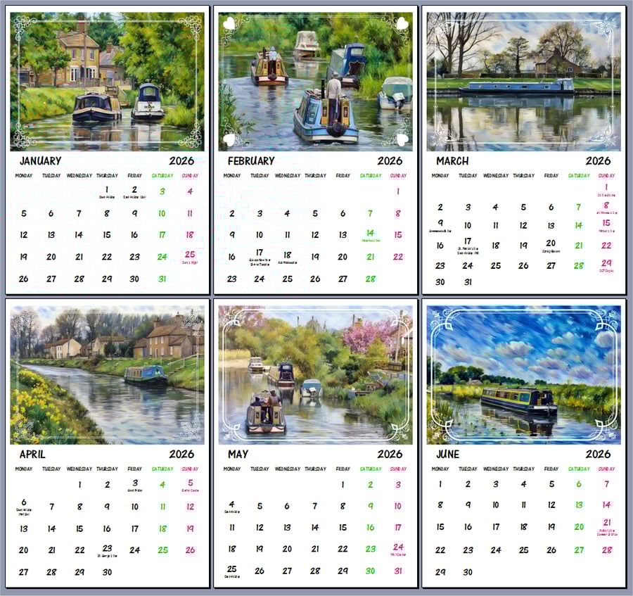 2026 A4 Calendar Canal Narrow Boats on The Fens Norfolk 