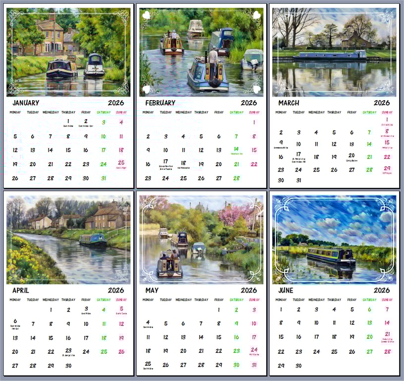2026 A4 Calendar Canal Narrow Boats on The Fens Norfolk 