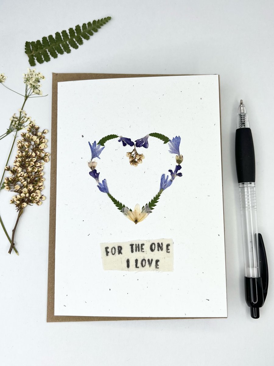 Handmade Pressed Flower Heart, Valentine's, Anniversary, Birthday Card 