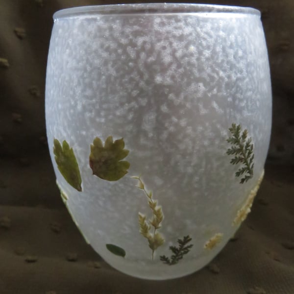Frosted Tealight Candle Holder with Natural Dried Pressed Flowers