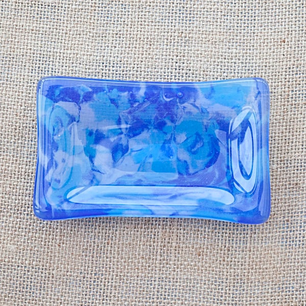 Blue Marbled Watery Fused Glass Trinket, Key, or Soap Dish