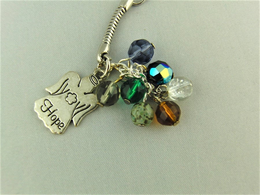 Silver Hope Angel Charm and Multi Coloured Crystal Bead Key Ring
