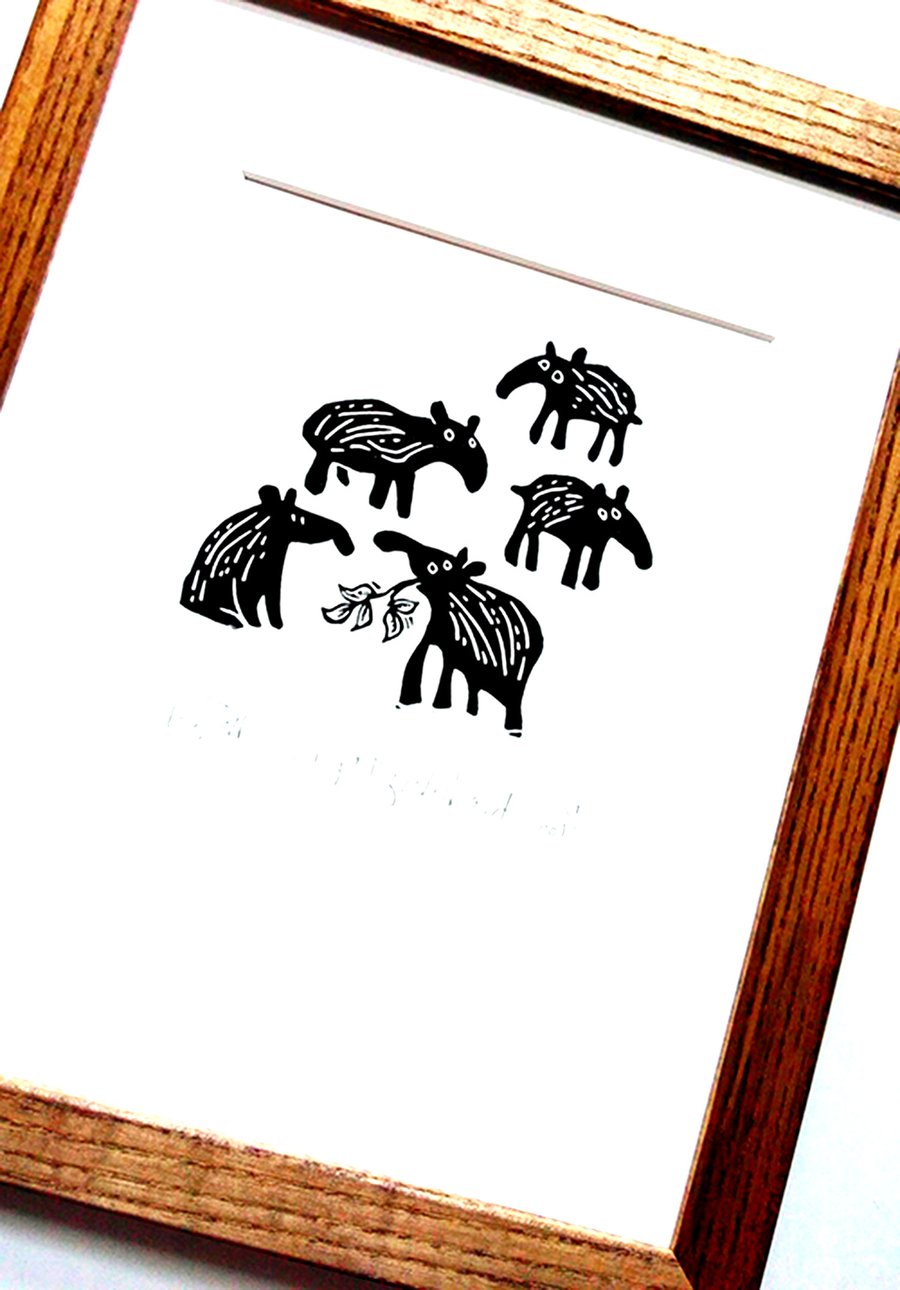 Five Baby Tapirs ii - lino cut print