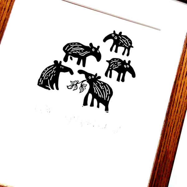 Five Baby Tapirs ii - lino cut print