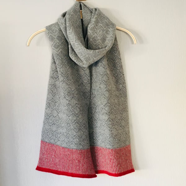 Soft merino lambswool Scandi scarf in pearl grey and uniform grey with berry red