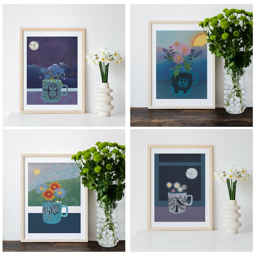 Flowers in a Mug A4 Prints Set of 4 - Lion, Tiger, Owl & Bird