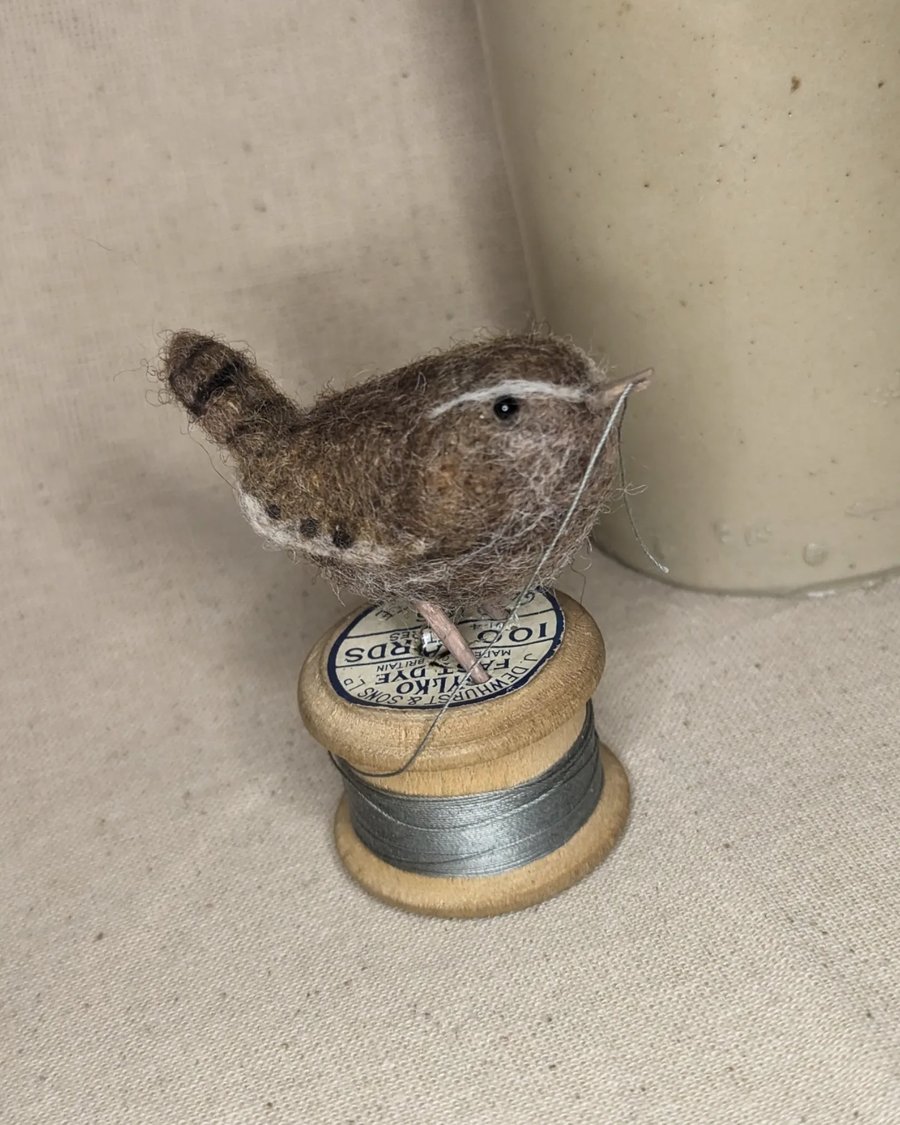 Wren on a Bobbin Needle Felt Sculpture 