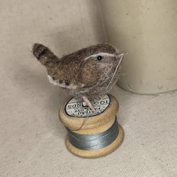 Wren on a Bobbin Needle Felt Sculpture 