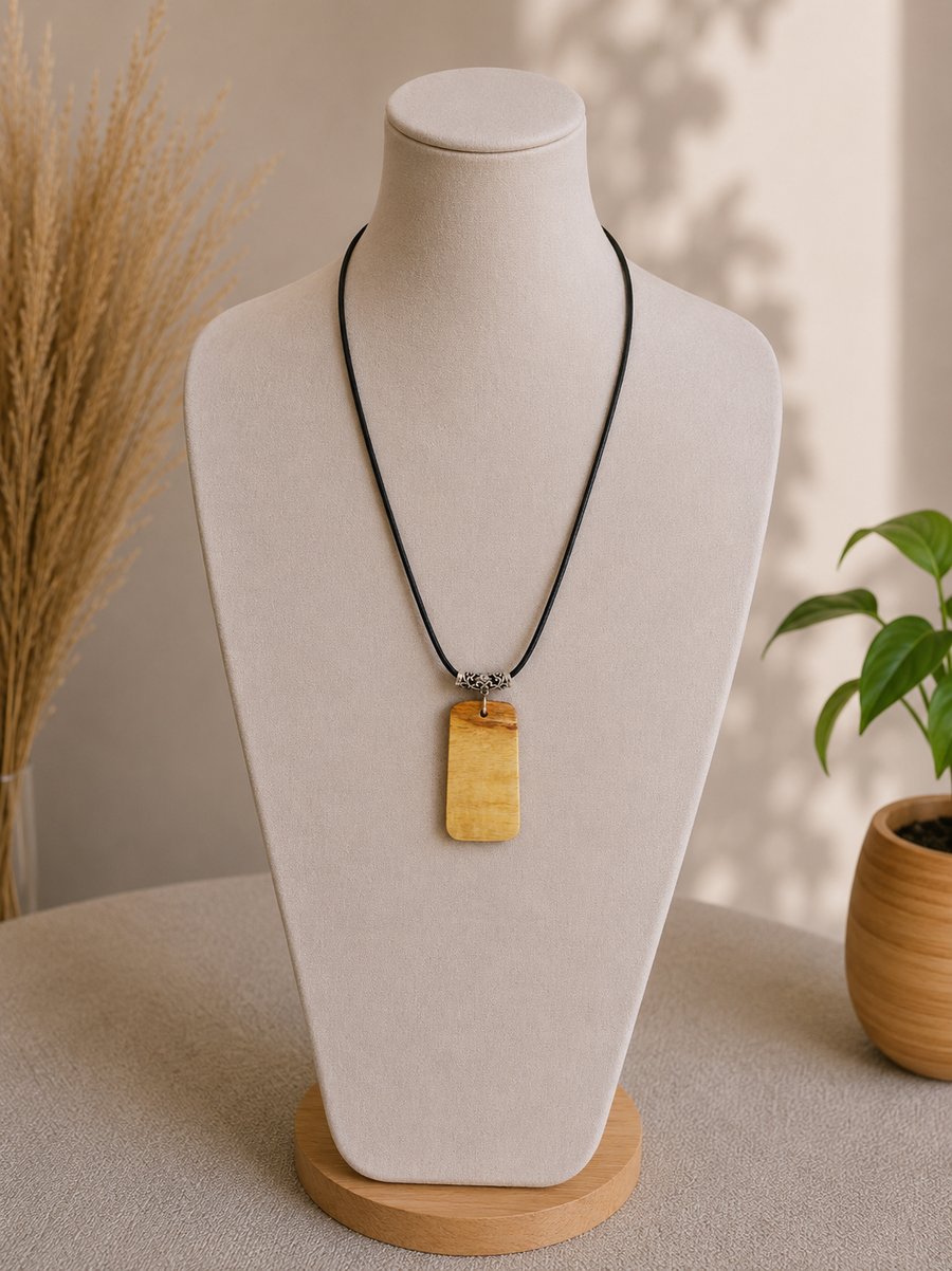 Upcycled Wood Rectangle Necklace Leather Wood Tag Shaped Necklace Wood Jewelry