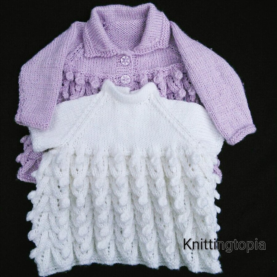 Hand knitted baby lilac cardigan and white dress 0 - 3 months, Seconds Sunday